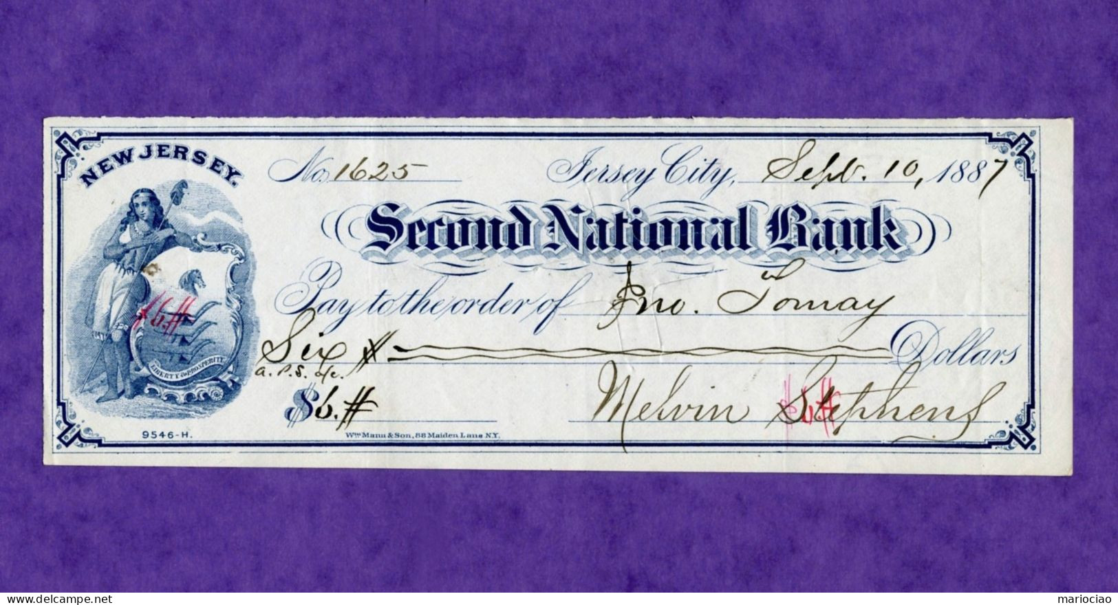 USA Check Second National Bank Jersey City 1886 New Jersey - Otros & Sin Clasificación