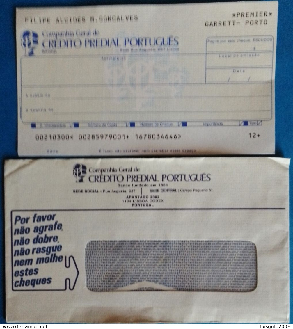 Portugal, Cheque+Envelope - Crédito Predial Português. Garrett, Porto - Assegni & Assegni Di Viaggio