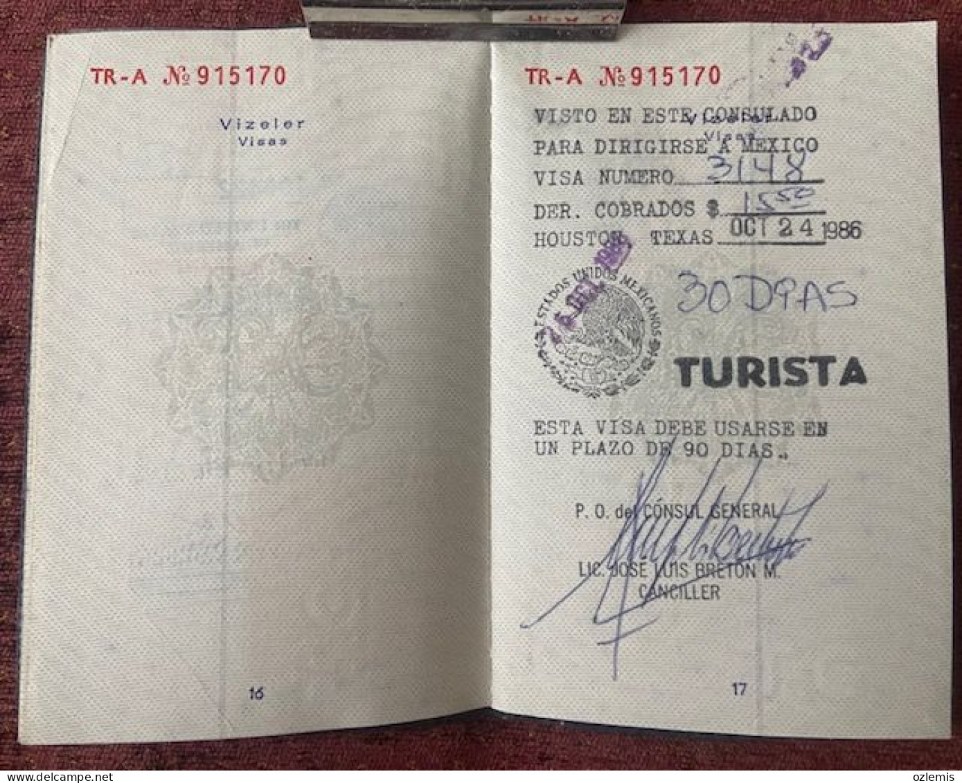 PASSPORT  PASSEPORT  ,1986,USED ,UNITED STATES AMERICA ,MEXICO,,VISA ,FISCAL - Verzamelingen