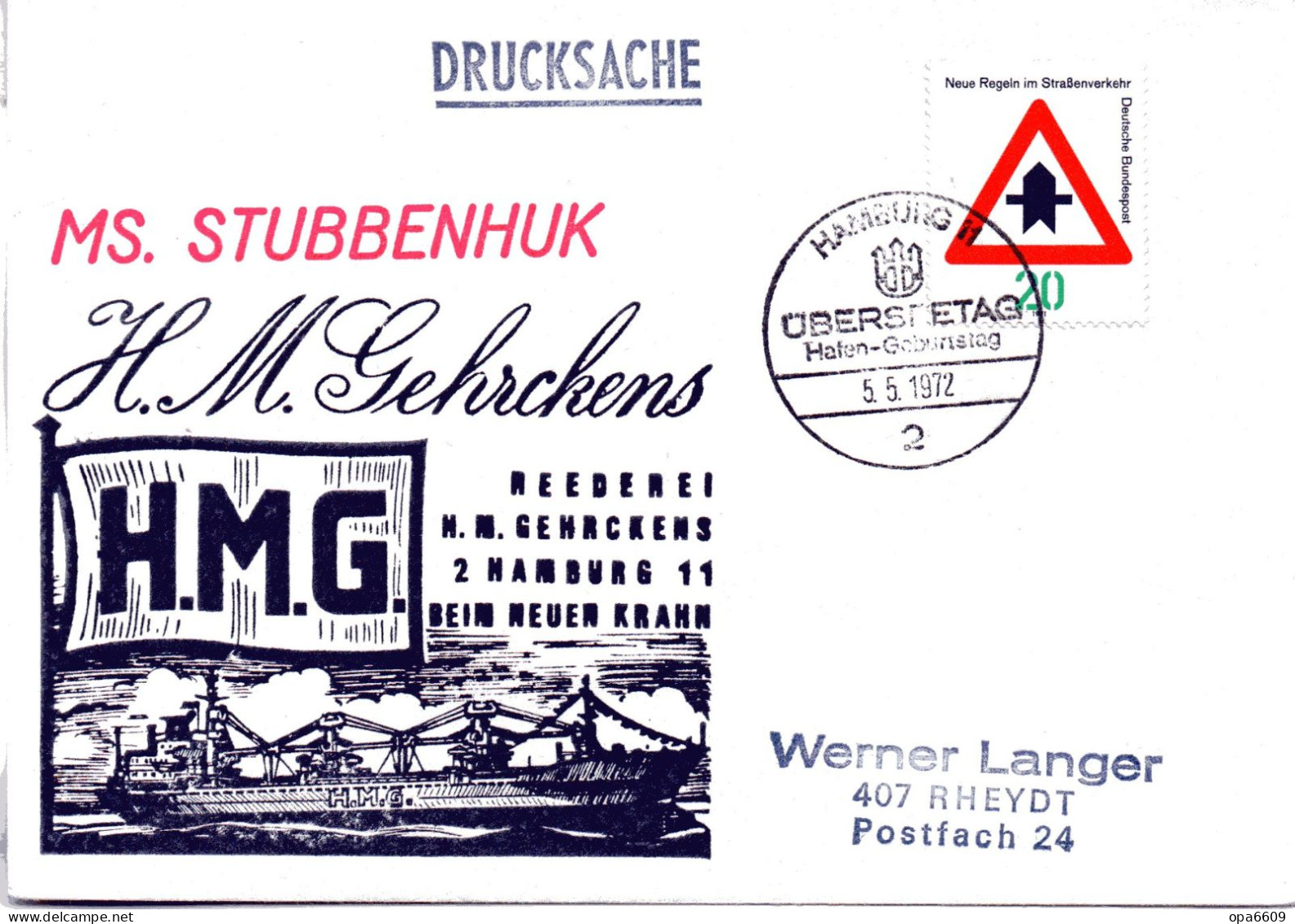 (L 6) Cachetumschlag "REEDEREI H.M.GEHRCKENS - MS. STUBBENHUK - EF BRD SST 5.5.72 HAMBURG - Maritime