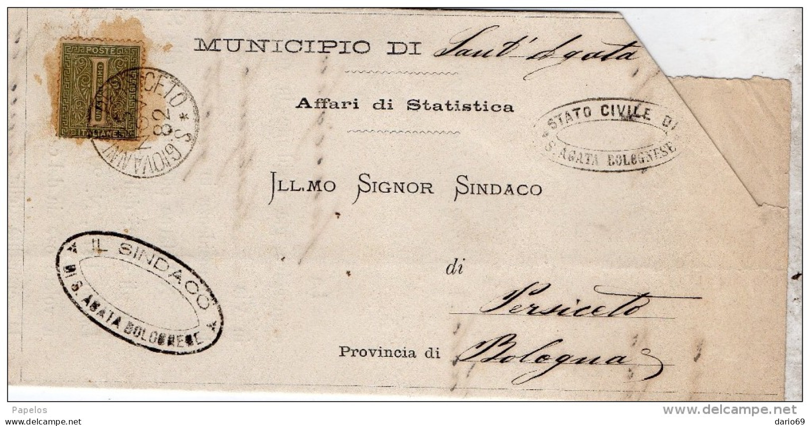 1882   LETTERA CON ANNULLO  S. GIOVANNI PERSICETO BOLOGNA + COMUNALE S. AGATA BOLOGNESE - Marcophilie