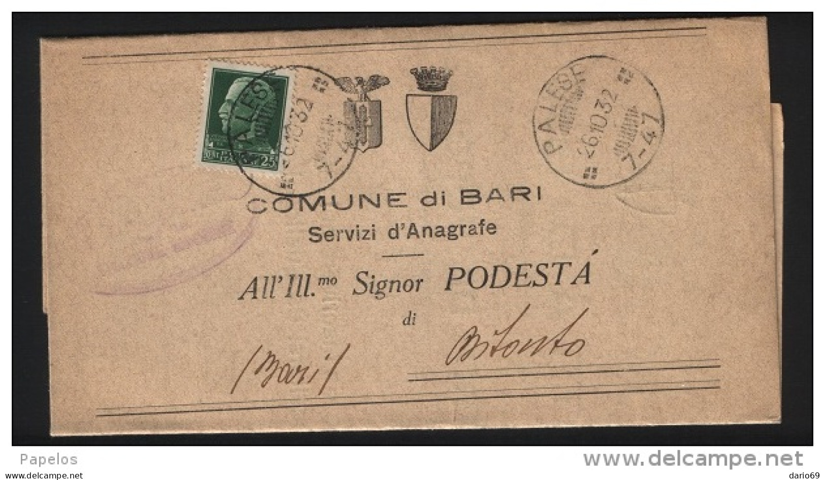 1932  LETTERA CON ANNULLO PALESE BARI - Poststempel