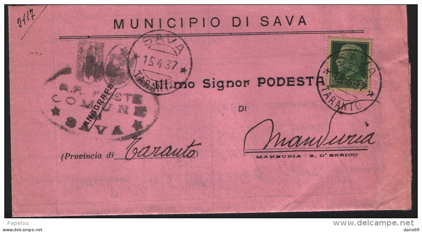 1937  LETTERA CON ANNULLO  SAVA TARANTO - Poststempel