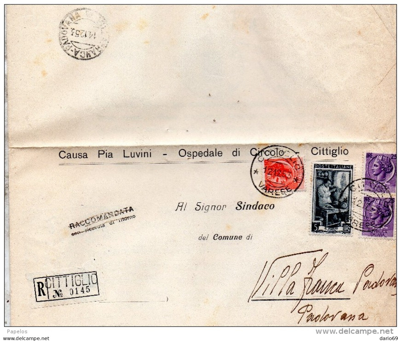 1953 LETTERA     RACCOMANDATA CON ANNULLO CITTIGLIO VARESE - 1946-60: Poststempel