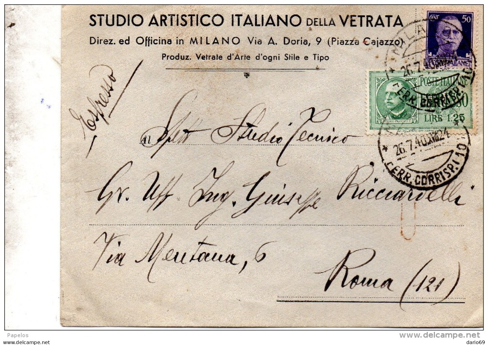 1940   LETTERA ESPRESSO CON ANNULLO  MILANO   STUDIO ARTISTICO DELLA VETRATA - Poststempel