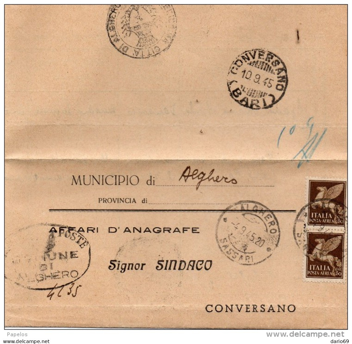 1945  LETTERA   CON ANNULLO ALGHERO SASSARI - Luchtpost