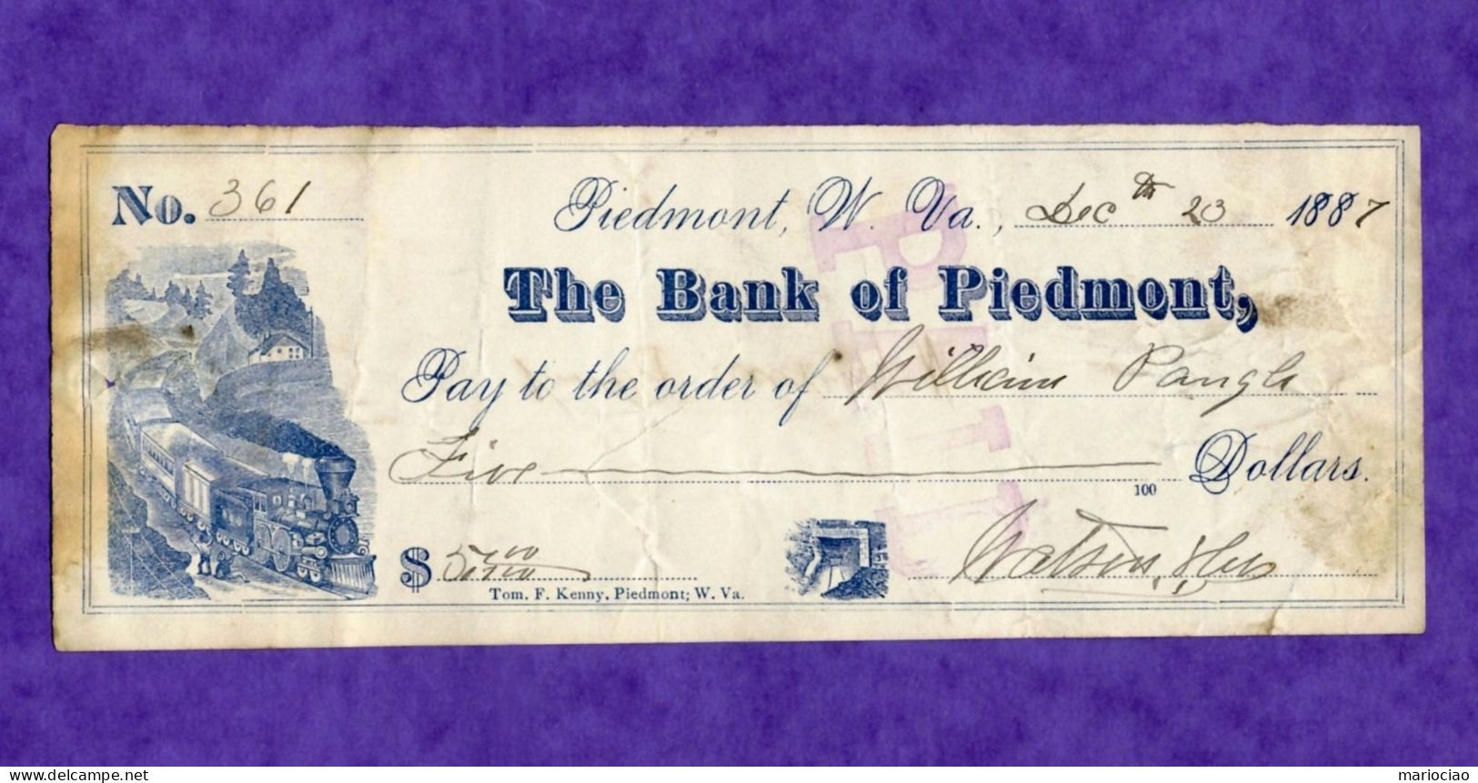 USA Check The Bank Of Piedmont Virginia 1887 EXTREMELY RARE - Otros & Sin Clasificación