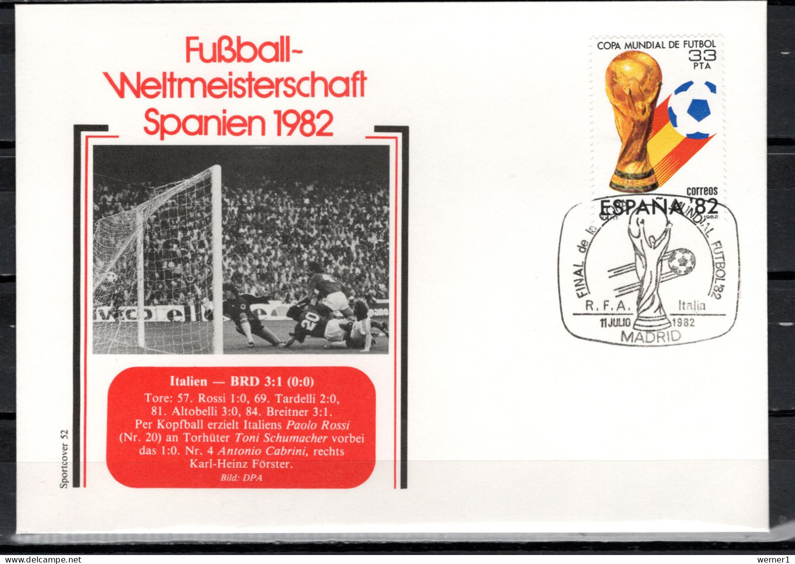 Spain 1982 Football Soccer World Cup Commemorative Cover Match Italy - Germany 3:1 - 1982 – Spain