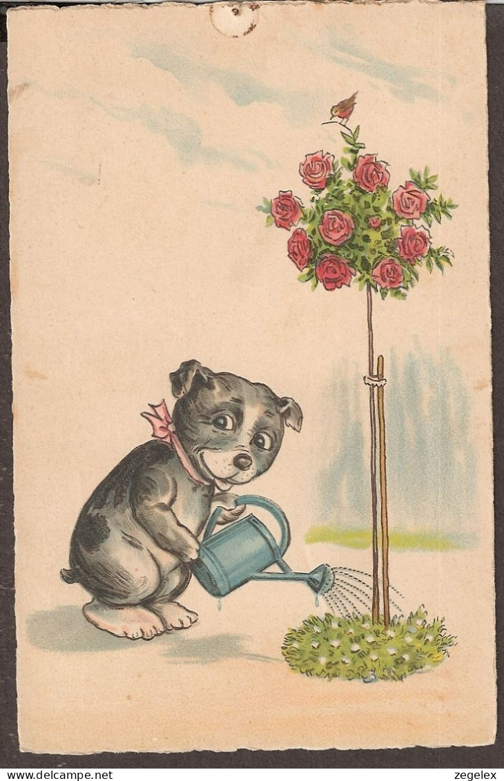 Petit Chien Dans Son Jardin -  Jolie Carte Postale Ancienne 1927 - Vintage Card - Kinder-Zeichnungen