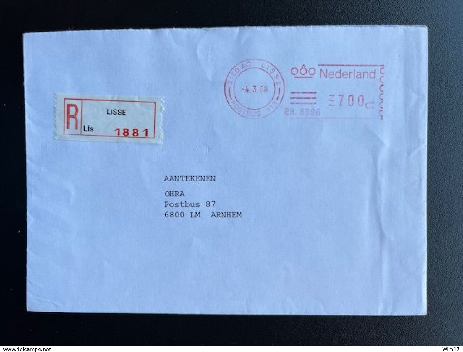 NETHERLANDS 1988 REGISTERED LETTER LISSE TO ARNHEM 04-03-1988 NEDERLAND AANGETEKEND - Lettres & Documents