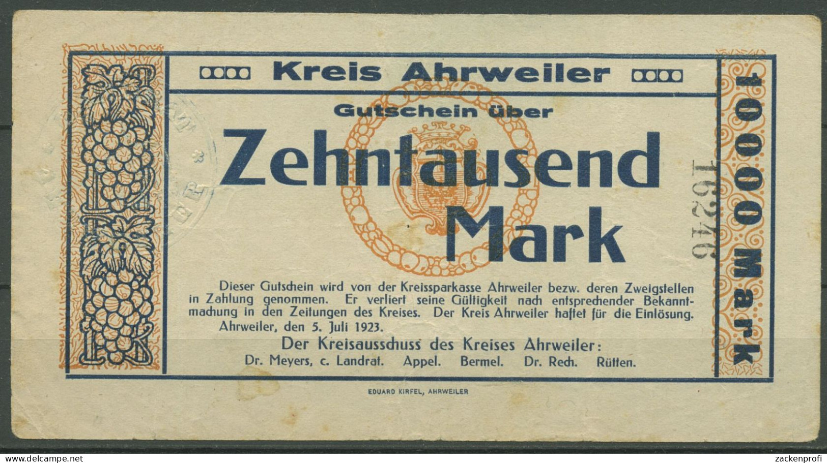 Ahrweiler 10000 Mark 1923, Keller 28 A.1, Gebraucht (K1655) - Altri & Non Classificati