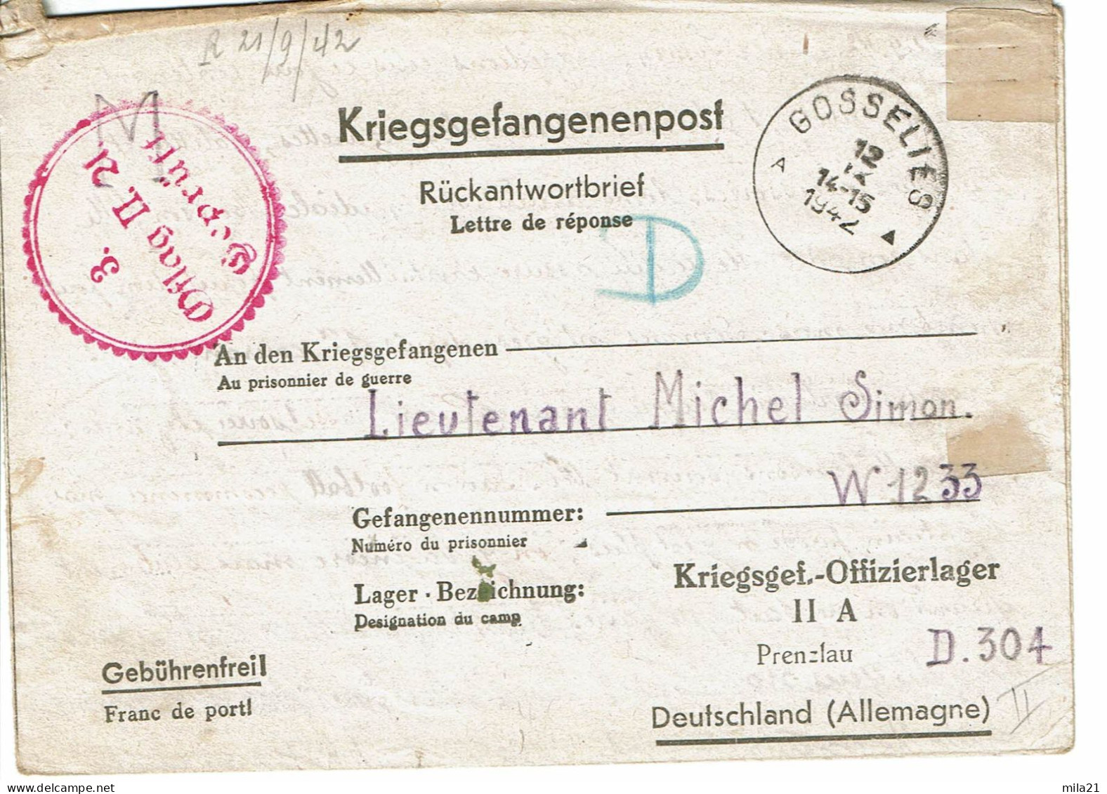 ALLEMAGNE Courrier De Prisonnier   Kriegsgefangenenpost   STALAG II 21 - Kriegsgefangenenpost