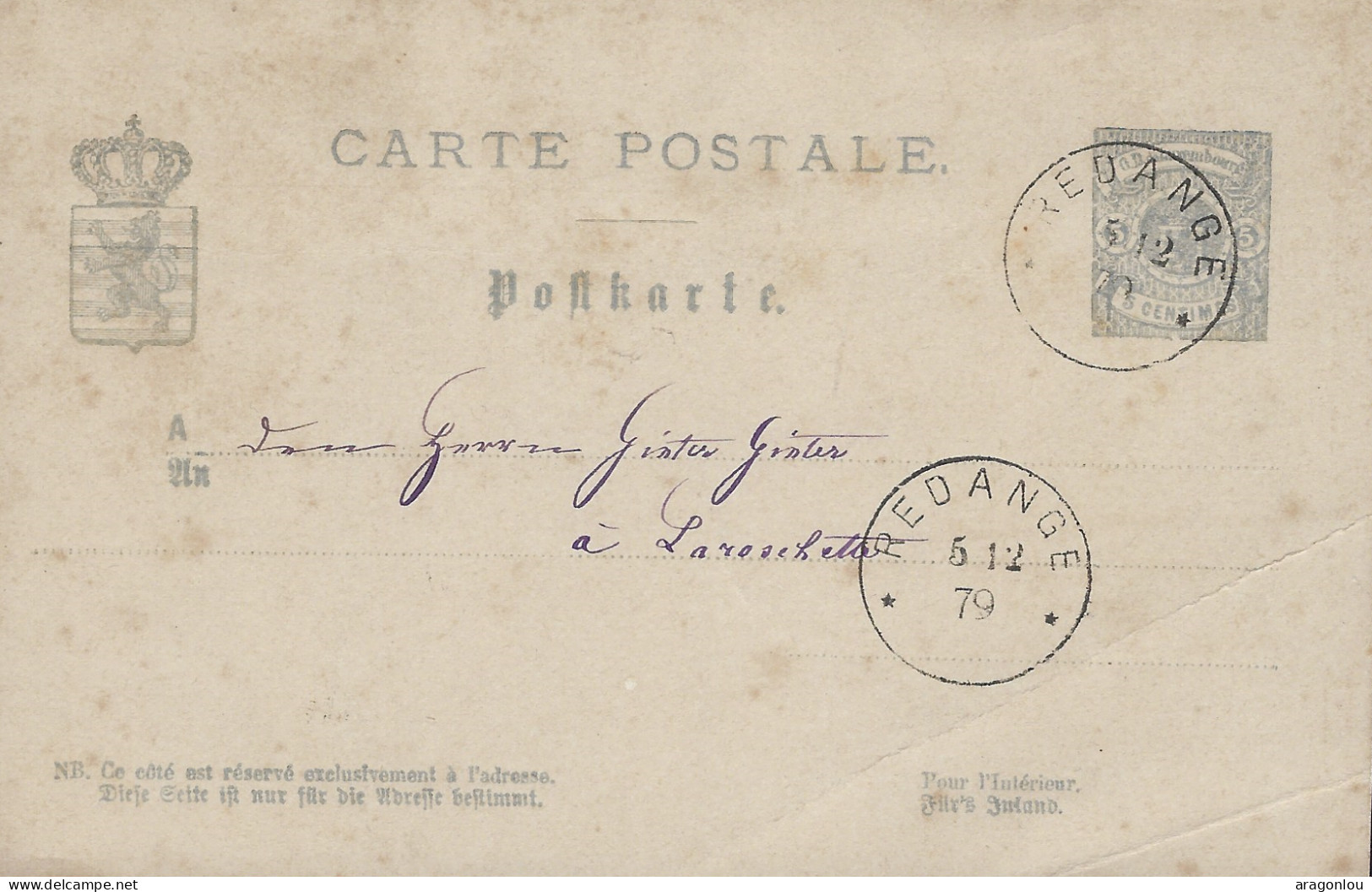 Luxembourg - Luxemburg -  Carte - Postale  1879  Adressiert An Herrn  Ginter - Ginter ,  Larochette - Ganzsachen