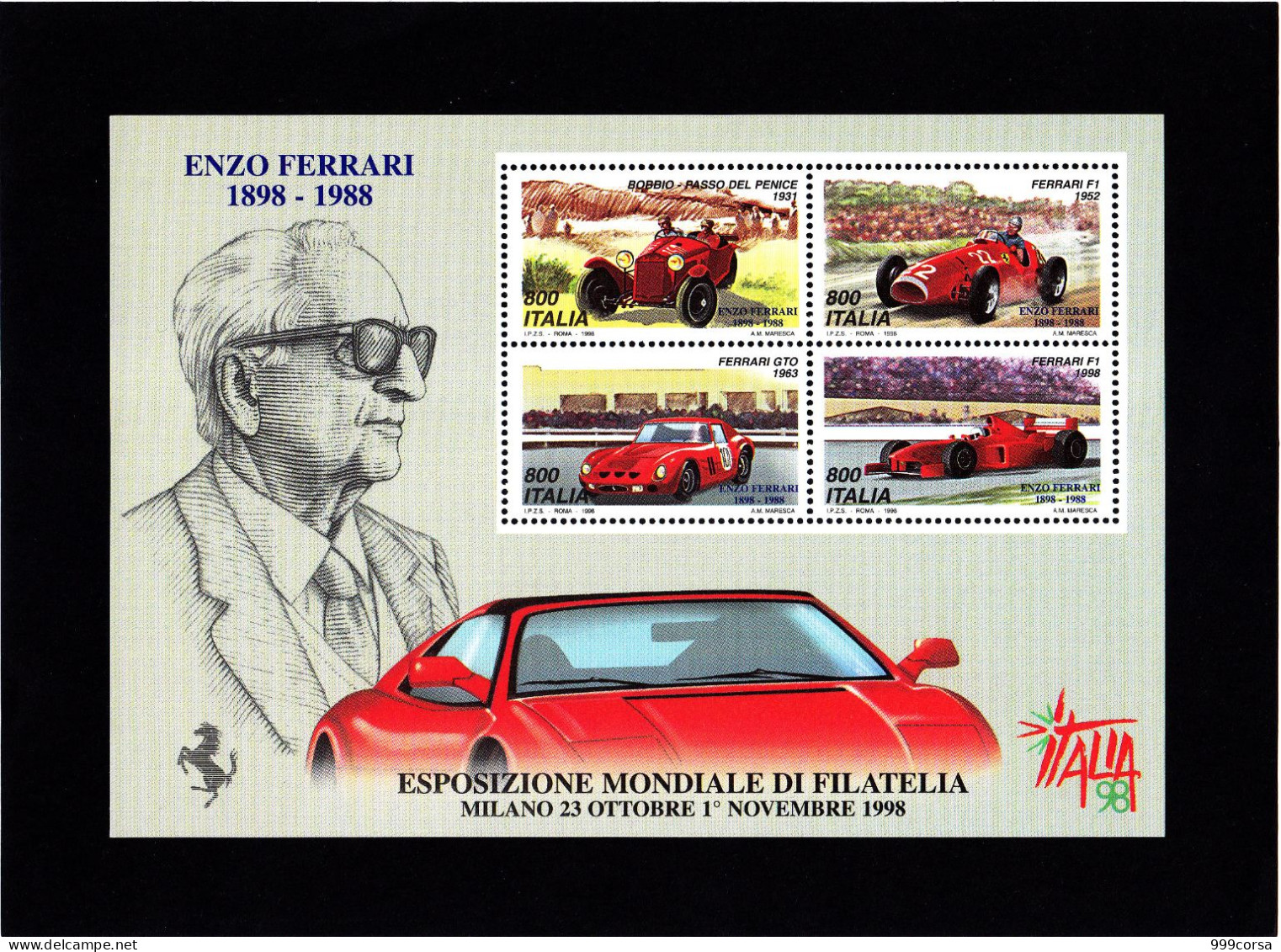 ITALIA 1998, Expo Mondiale Filatelia Italia '98, Foglietto Ferrari, Enzo Ferrari - Automobile