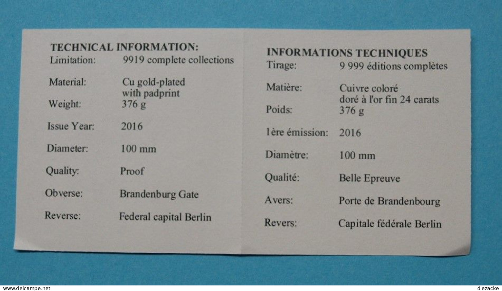 2016 Gigantprägung Brandenburger Tor, Farbdruck, Kupfer Vergoldet In PP (M3459 - Autres & Non Classés