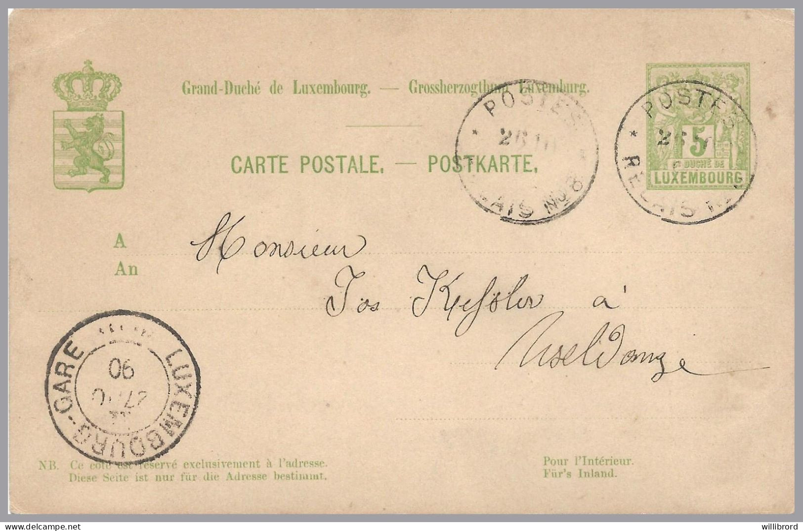 LUXEMBOURG - 1890 POSTES RELAIS No. 8 [RAMBROUCH] To Useldange - 5c Green Allegory Postal Card (3rd Issue) - 1882 Allegory