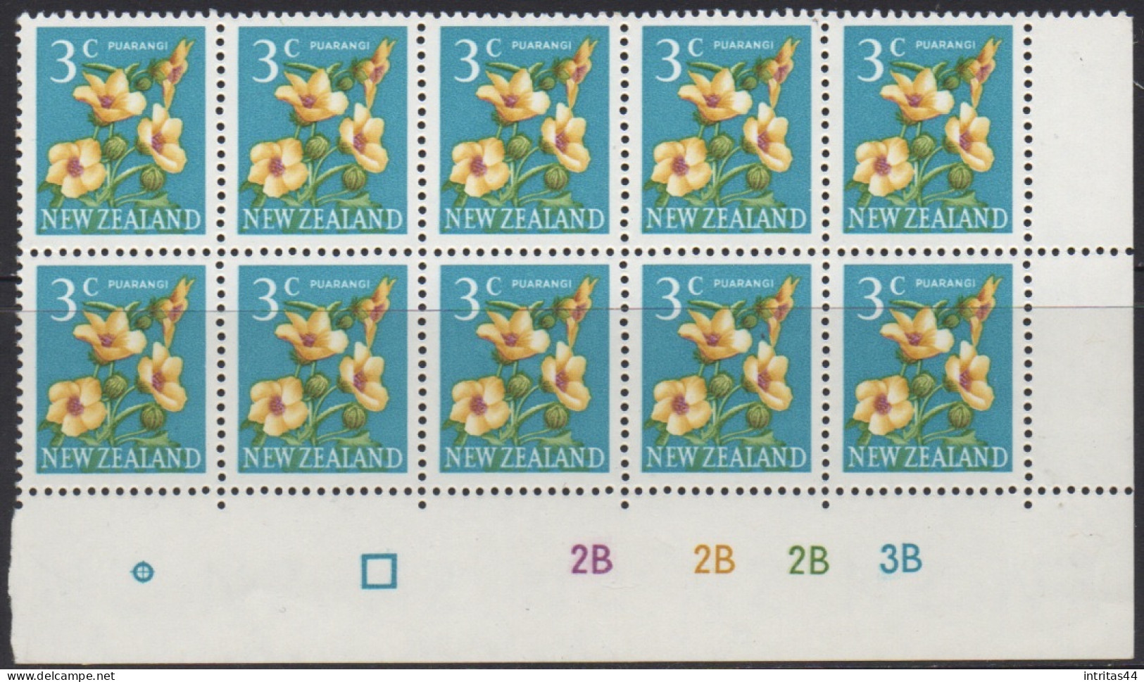 NEW ZEALAND 1967 DECIMAL PICTORIALS  " 3c PUARANGI " IMPRINT BLOCK OF (10) MNH - Unused Stamps