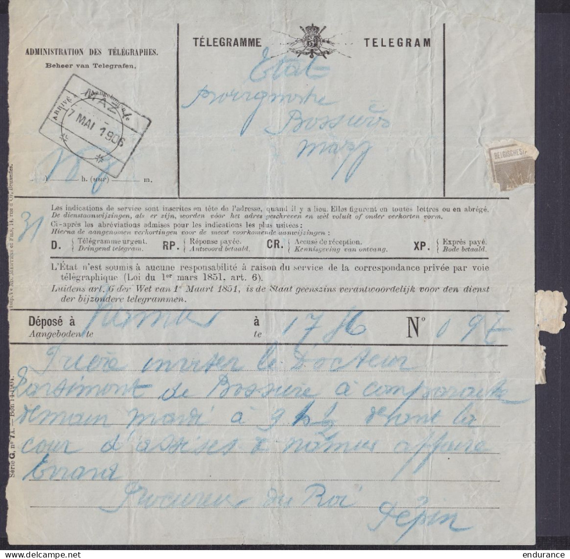 Télégramme Déposé à Namur - Càd Bureau D'arrivée [MAZY /-7 MAI 1906] - Télégrammes