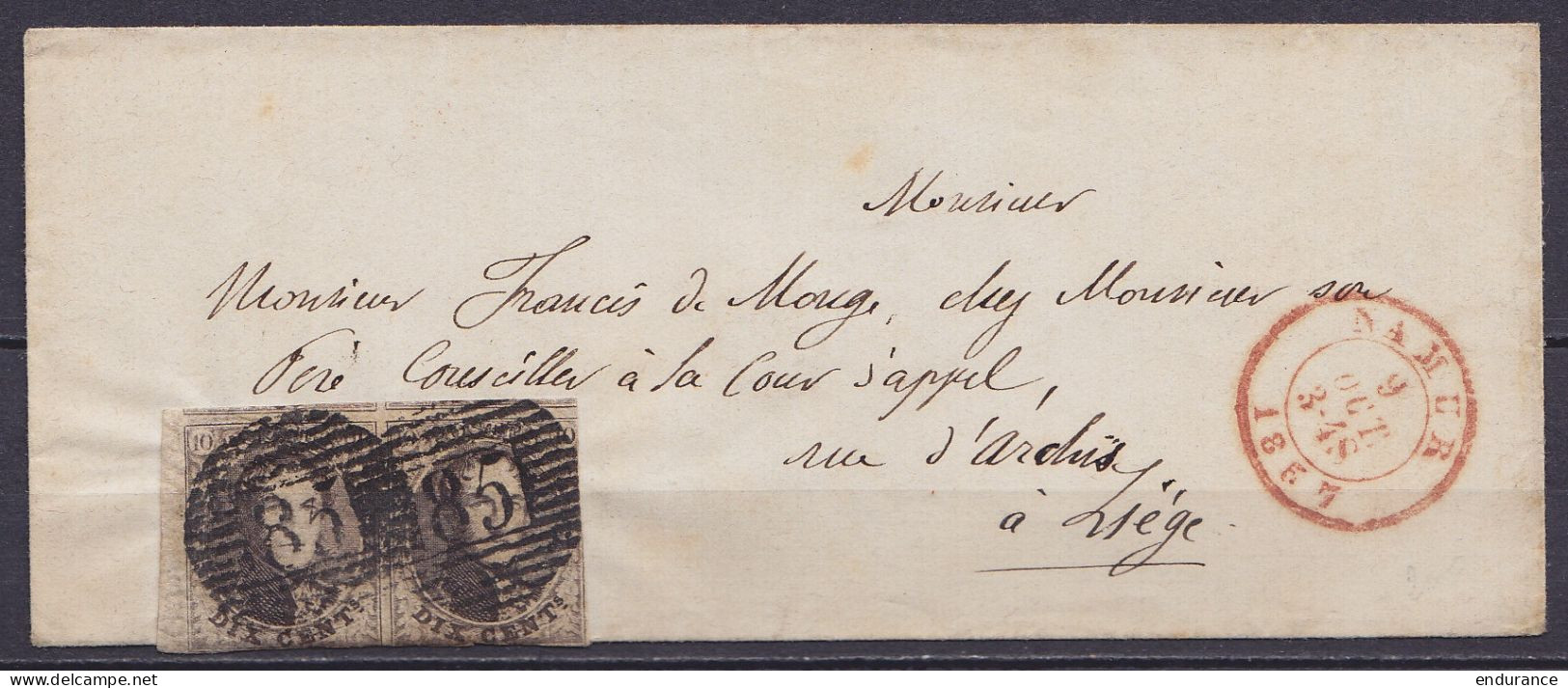 Env. Affr. Paire N°6 P85 Càd NAMUR /9 OCT 1857 Pour LIEGE (au Dos: Càd Arrivée LIEGE) - 1851-1857 Medallions (6/8)