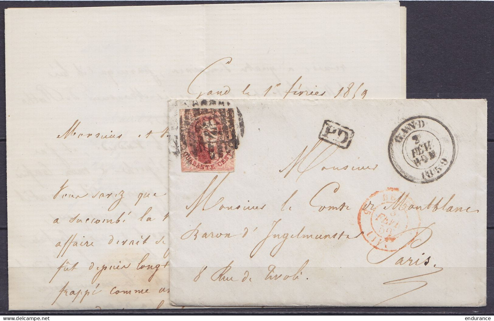 LAC Affr. N°12A P45 Càd GAND /2 FEV 1859 Pour Comte De Montblanc à PARIS - [PD] - Càd Bureau D'échange "BELG.5 / LILLE"  - 1858-1862 Médaillons (9/12)