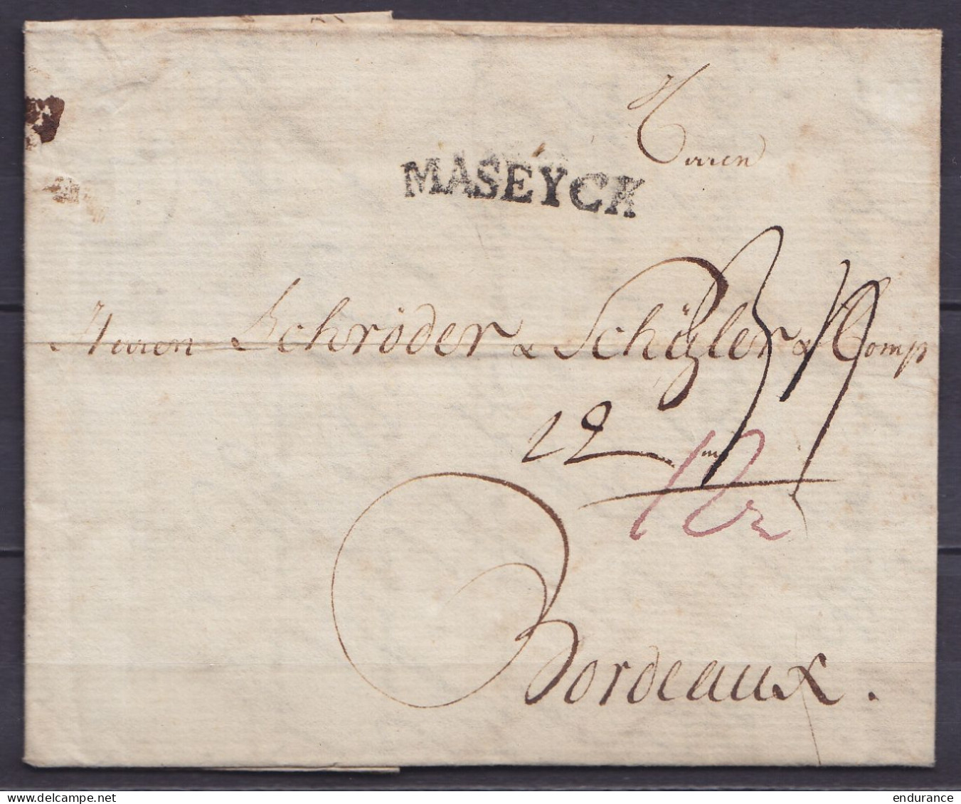 L. Datée 8 Septembre 1783 De FRANCFORT Pour BORDEAUX - Marque De Passage "MASEYCK" - Port Divers - 1714-1794 (Austrian Netherlands)