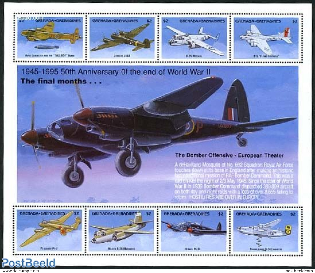 Grenada Grenadines 1995 End Of World War II 8v M/s, Mint NH, History - Transport - World War II - Aircraft & Aviation - 2. Weltkrieg