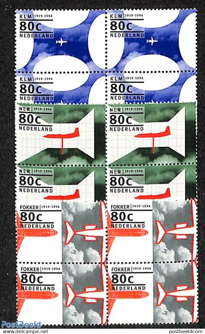 Netherlands 1994 Aviation 3v, Blocks Of 4 [+], Mint NH, Transport - Aircraft & Aviation - Unused Stamps