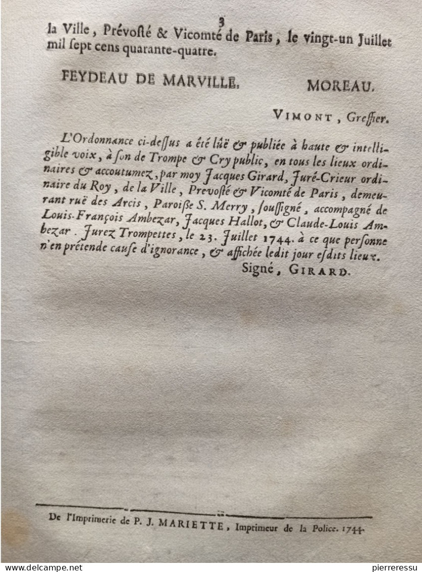 PRISE DE LA VILLE DE FURNES ET FORT DE LA QUENOC PAR L'ARMÉE ORDONNANCE DE POLICE AUX HABITANTS DE PARIS  1744 - Wetten & Decreten