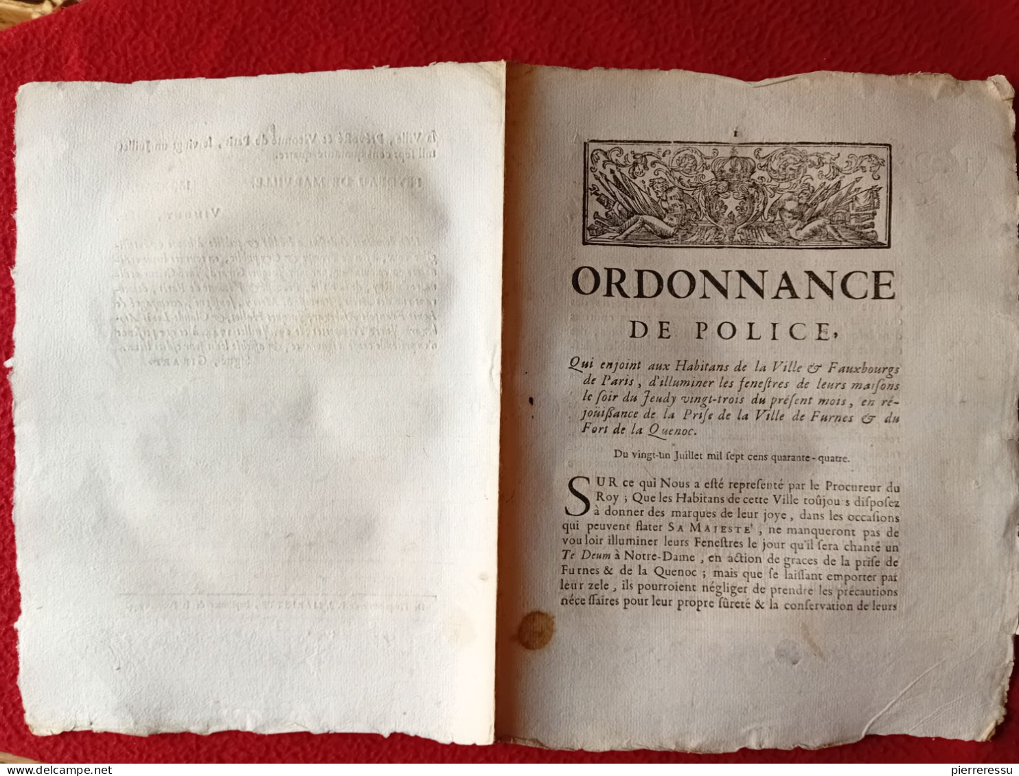 PRISE DE LA VILLE DE FURNES ET FORT DE LA QUENOC PAR L'ARMÉE ORDONNANCE DE POLICE AUX HABITANTS DE PARIS  1744 - Wetten & Decreten