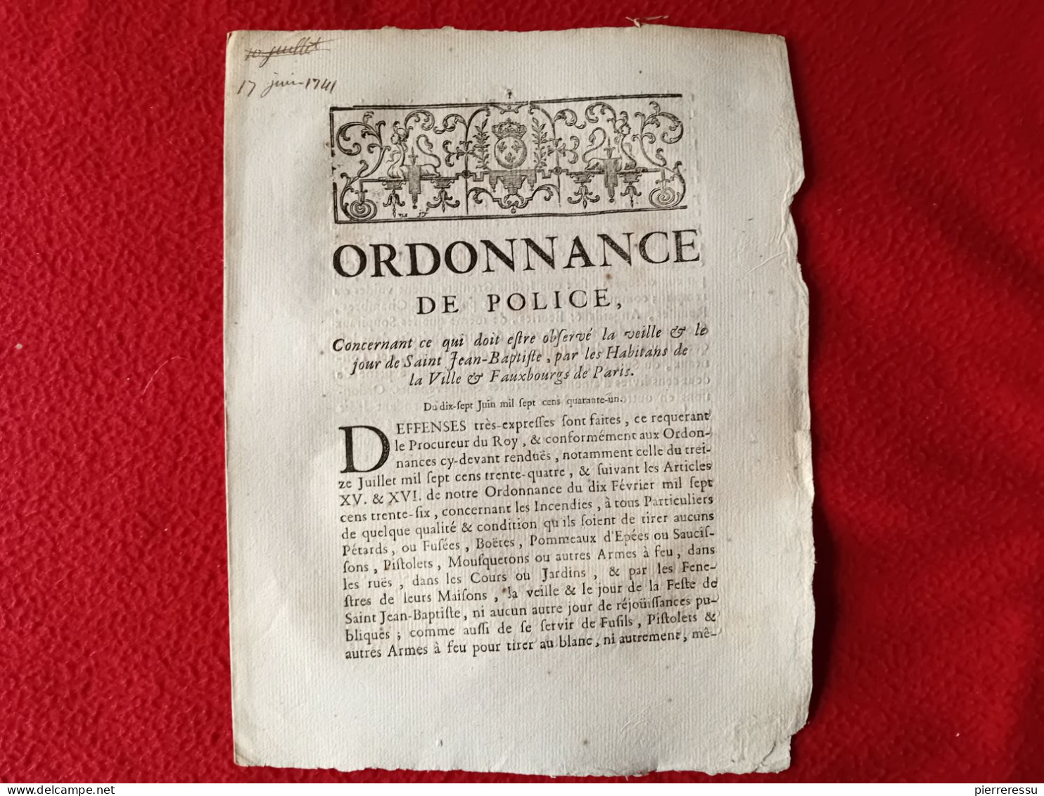 CONTRE INCENDIES PETARDS FUSEES PISTOLETS ARMES A FEU ORDONNANCE DE POLICE AUX HABITANTS DE PARIS 1741 - Wetten & Decreten