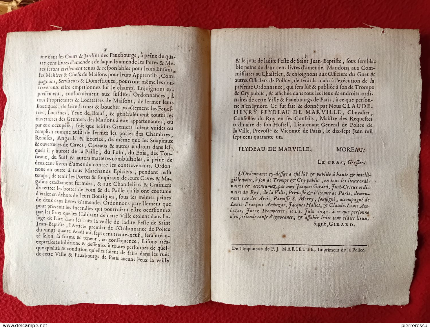 CONTRE INCENDIES PETARDS FUSEES PISTOLETS ARMES A FEU ORDONNANCE DE POLICE AUX HABITANTS DE PARIS 1741 - Wetten & Decreten