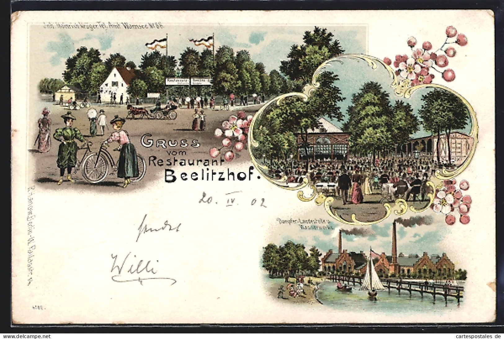 Lithographie Berlin-Wannsee, Restaurant Beelitzhof, Dampfer-Landestelle U. Wasserwerke  - Wannsee