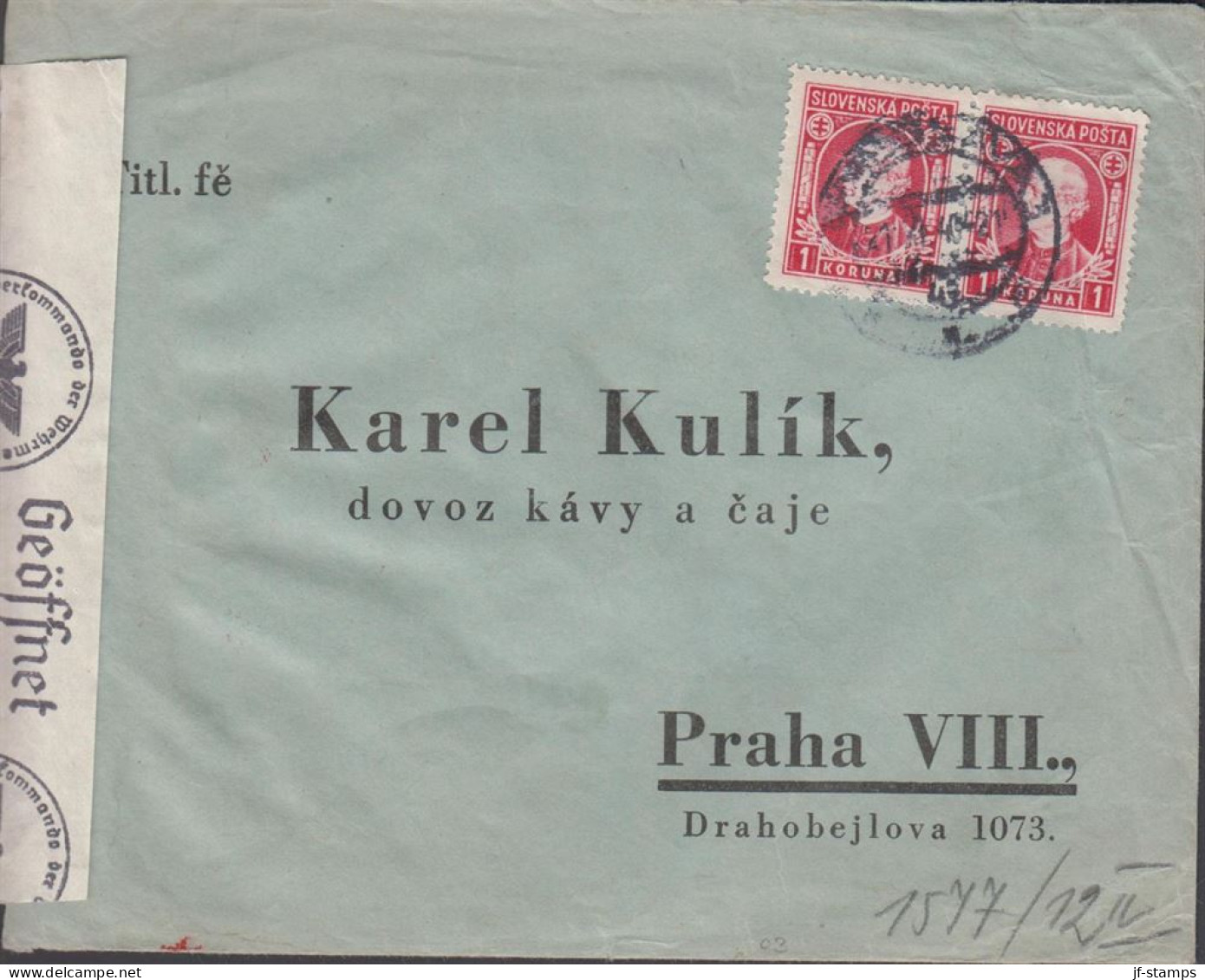 1940. SLOVENSKO Andrej Hlinka 1 KORUNA In Pair On Fine Censored Cover To Praha With German Cen... (Michel 40) - JF441405 - Storia Postale