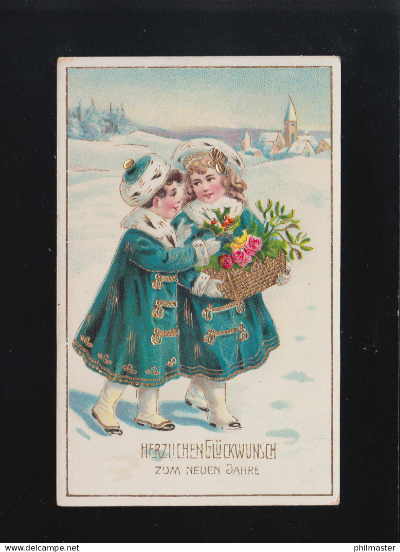 Glückwunsch Zum Neuen Jahr, Mädchen Im Schnee Bringen Blumen Paunsdorf 1.1.1912 - Tegenlichtkaarten, Hold To Light