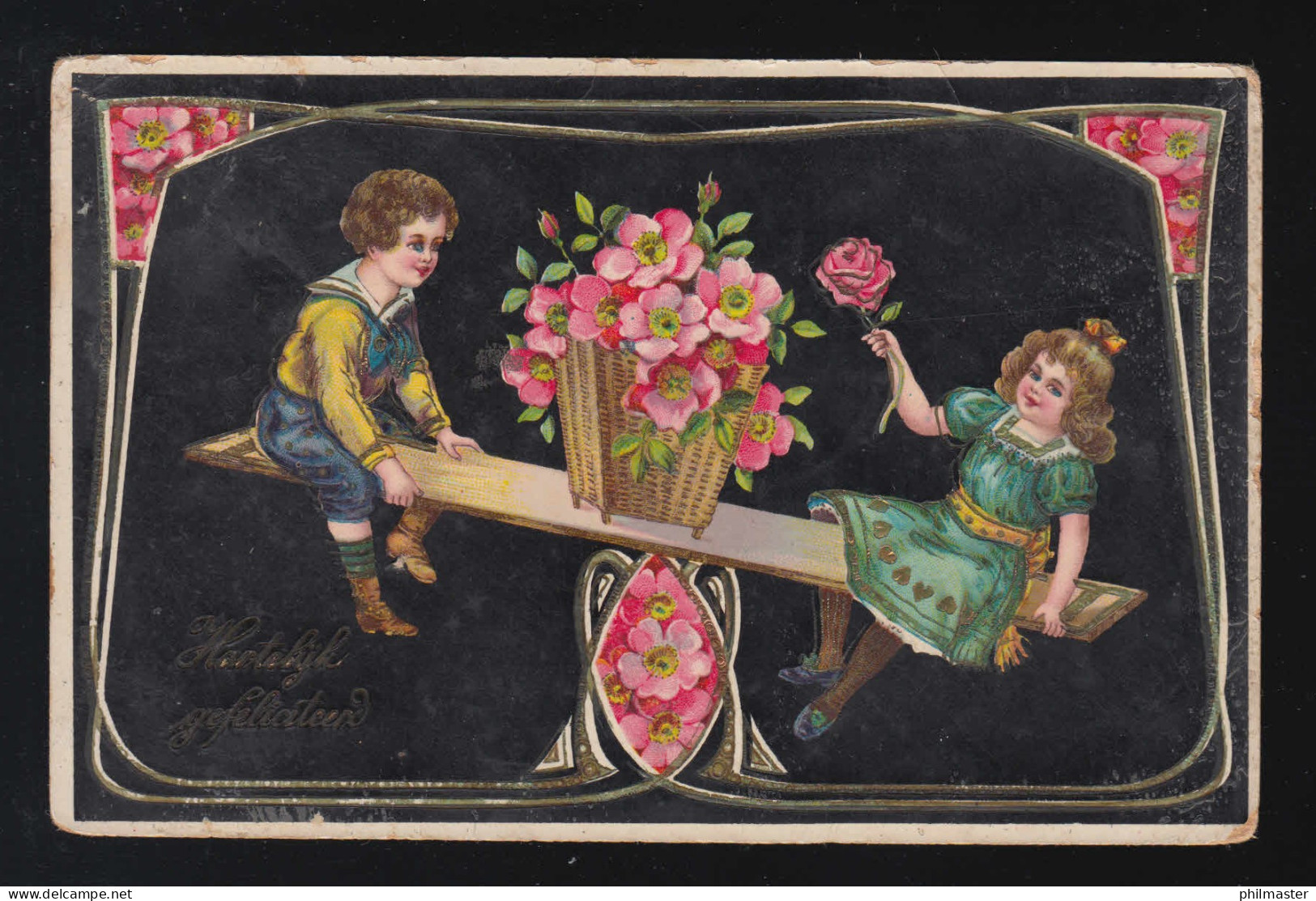 Kinder Auf Einer Wippe Mit Blumenkorb Blüten Rahmen Art Deco Amsterdam 31.5.1911 - Hold To Light