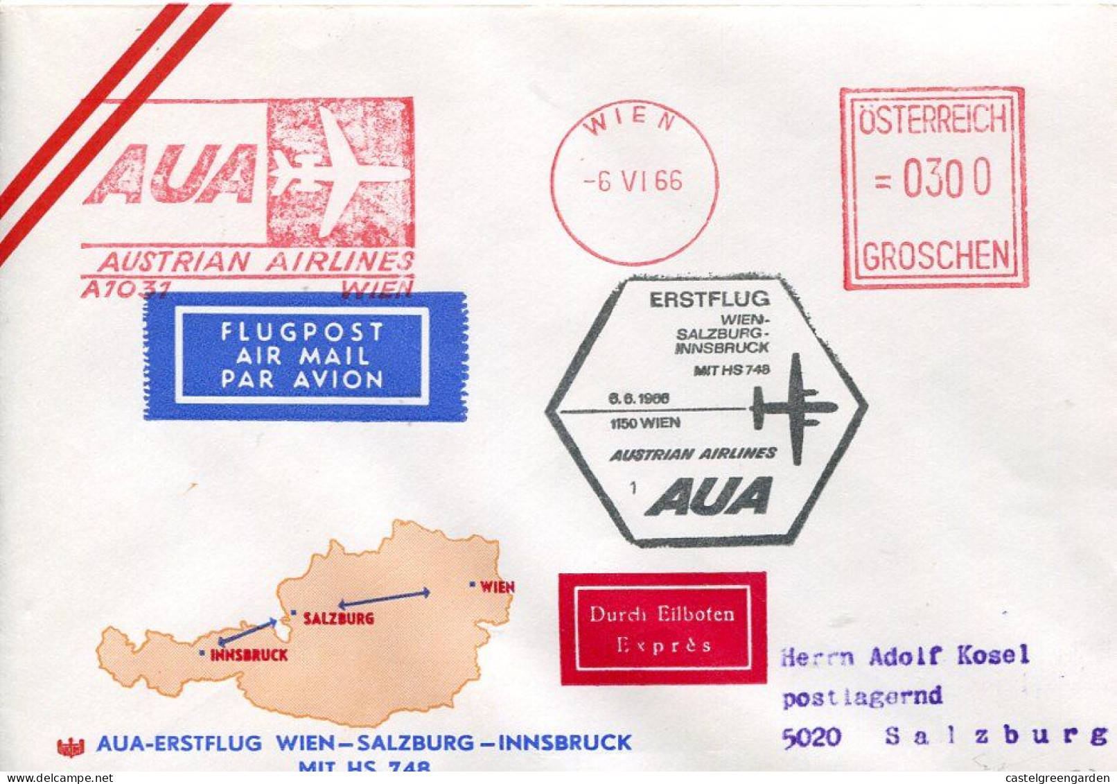 X0446 Austria,circuled Cover With Red Meter Freistempel Wien 1966 Austrian Airlines,Erstflug Wien Salzburg - Franking Machines (EMA)