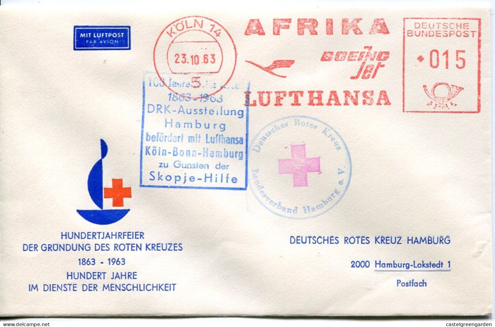 X0453 Germany, Red Meter Freistempel,1963 Koln. Lufthansa Afrika Boeing Jet Lufthansa,Grundung Roten Kreuzes - Frankeermachines (EMA)