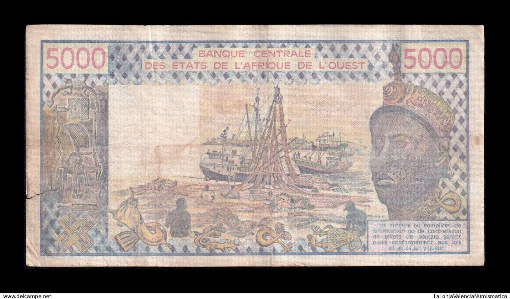 West African St. Senegal 5000 Francs 1987 Pick 708Kl Bc/Mbc F/Vf - West-Afrikaanse Staten