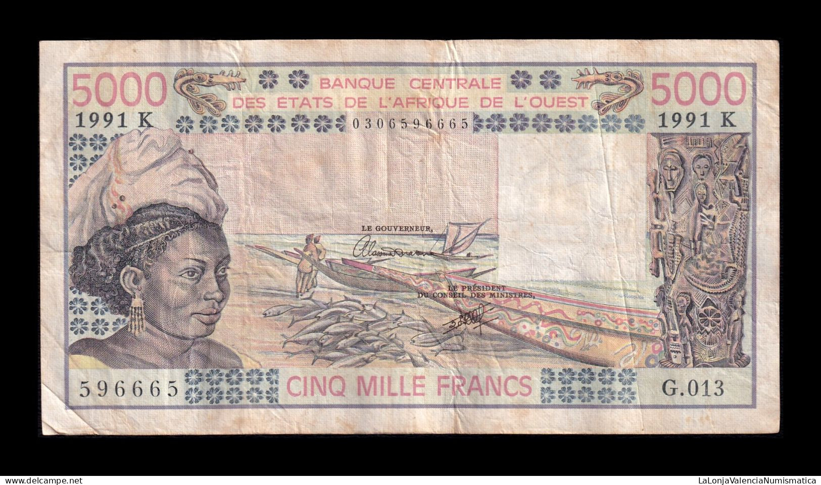 West African St. Senegal 5000 Francs 1991 Pick 708Kn Bc/Mbc F/Vf - West African States