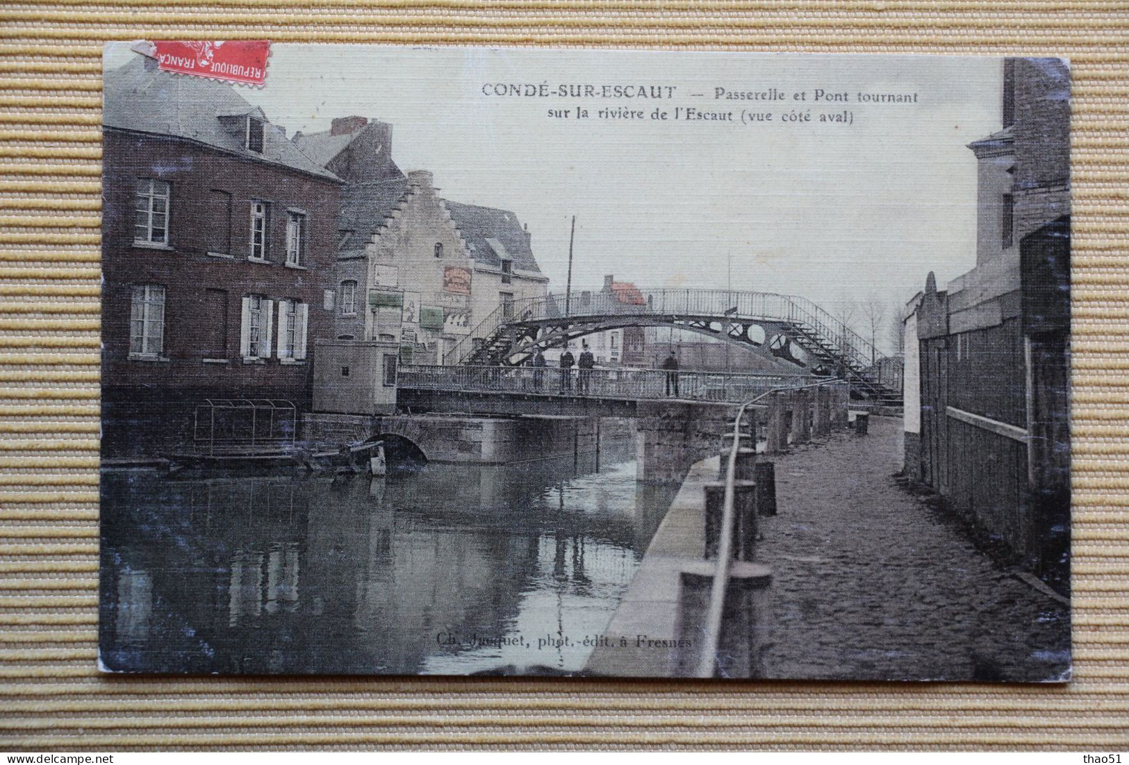 CP 59 CONDE SUR ESCAUT Passerelle Et Pont Tournant Toilée Couleur 1909 - Conde Sur Escaut