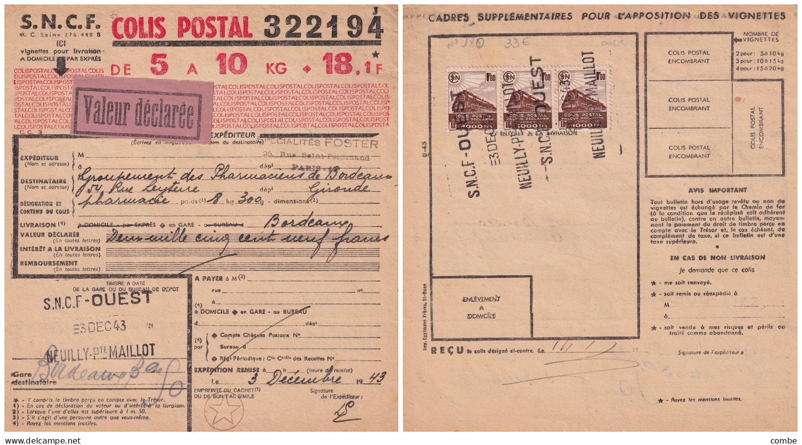 COLIS POSTAUX. VALEUR DECLAREE. N°177. 2509Fr. NEUILLY PORTE MAILLOT POUR BORDEAUX   / 6000 - Lettres & Documents