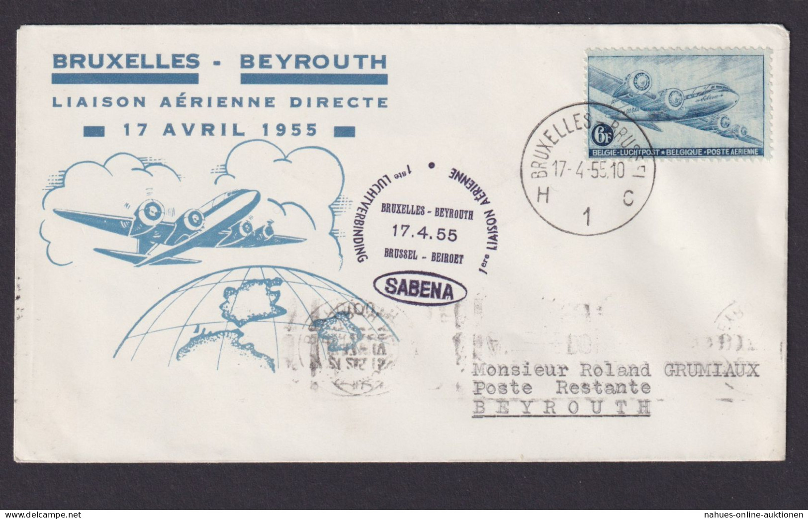 Flugpost Brief Air Mail Sabena Toller Umschlag Weltkugel Globus Brüssel Beirut - Autres & Non Classés