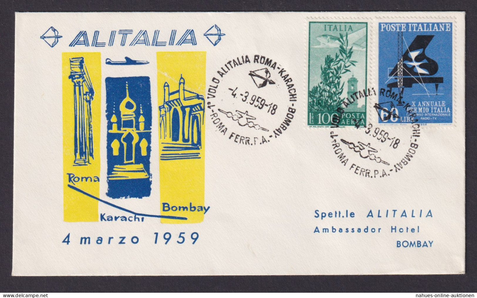 Flugpost Brief Air Mail Italien Alitalia Rom Karachi Pakistan Bombay Indien - Afgestempeld