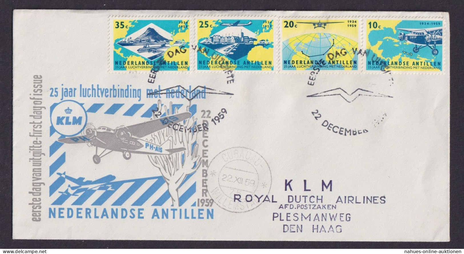 Flugpost Brief Air Mail Niederlande Antillen KLM 25 J. Flugverbindung 22.12.1959 - Curaçao, Antilles Neérlandaises, Aruba