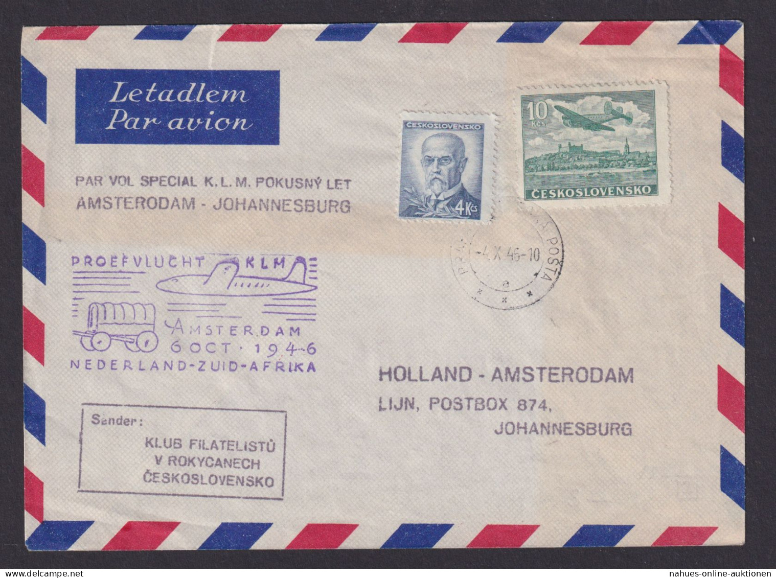 Flugpost Brief KLM Amsterdam Johannesburg Afrika Zuleitung Tschechoslowakei - Lettres & Documents