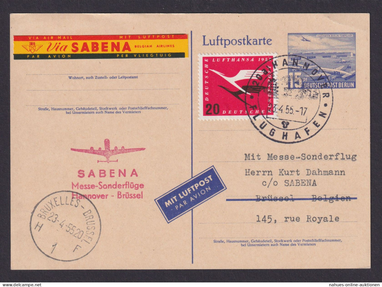 Flugpost Brief Air Mail Berlin Ganzsache + ZuF Bund Luftpost Lufthansa Hannover - Lettres & Documents
