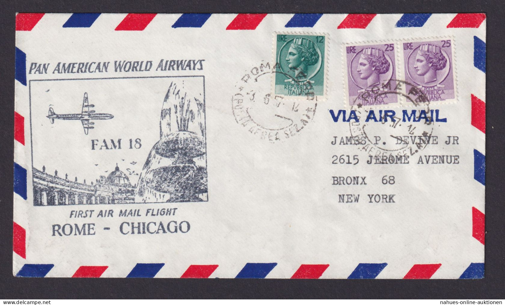 Flugpost Brief Air Mail Pan America Erstflug Rom Italien Chicago USA N. New York - Oblitérés