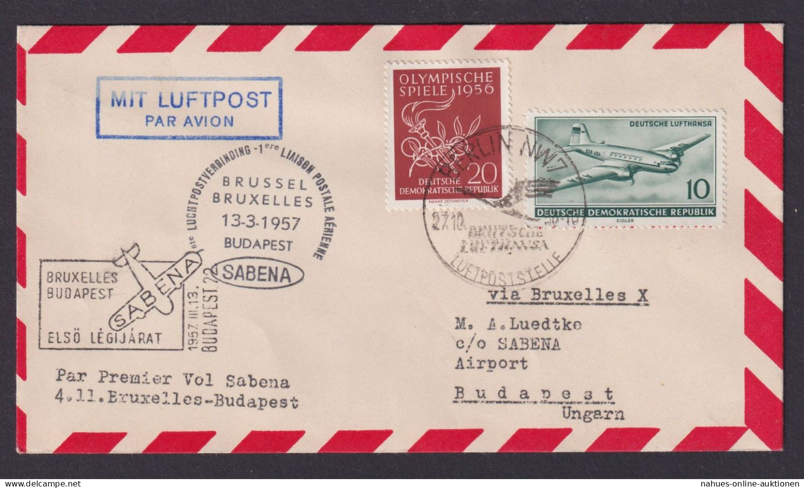 Flugpost Brief Air Mail Sabena Brüssel Budapest Ungarn DDR Zuleitung Ab Berlin - Andere & Zonder Classificatie