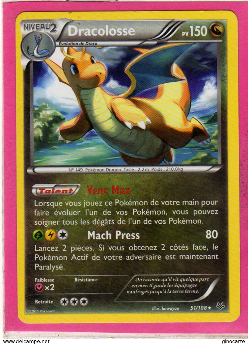 Carte Pokemon Francaise 2015 Xy Ciel Rugissant 51/108 Dracolosse 150pv Bon Etat - XY