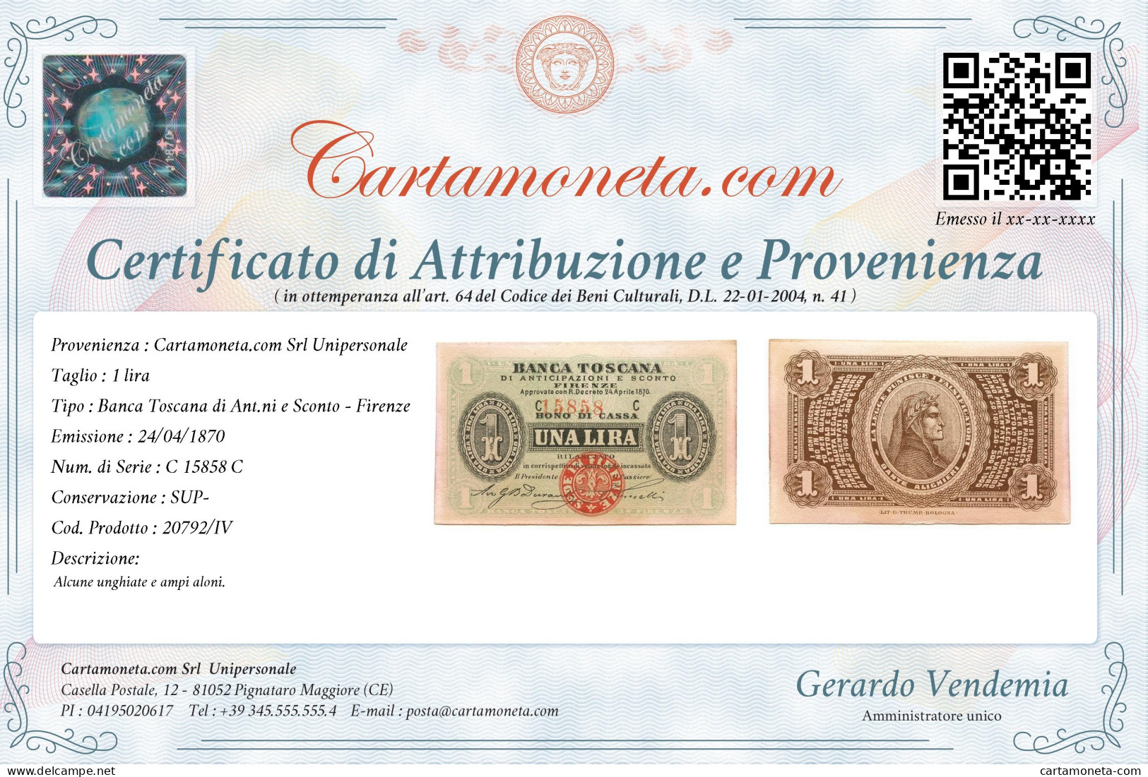 1 LIRA BANCA TOSCANA DI ANTICIPAZIONI E SCONTO FIRENZE 24/04/1870 SUP- - Andere & Zonder Classificatie